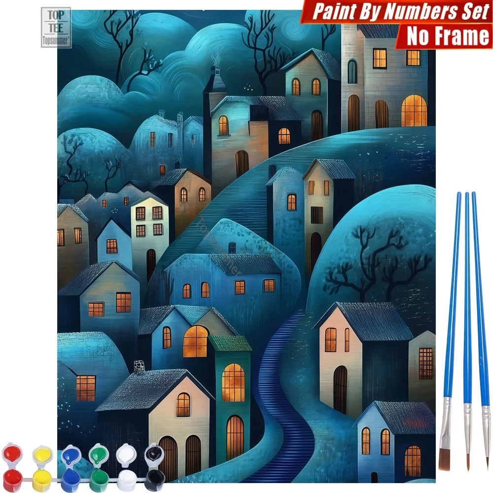 Set de Pinturas al Óleo Digitales DIY con Diseño de Pueblo Nocturno - Casas, Colinas, Estrellas, Arte Abstracto para Pared, Regalo del Día de Acción de Gracias para Abuela