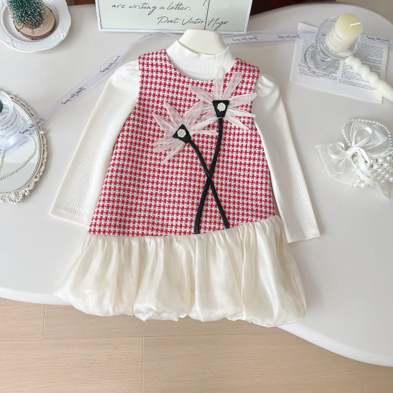 

White Long-Sleeved Shirt Red Grid Vest Dress Suit Children's Two Pieces Outfits Sets 2025 Spring Girls Clothing