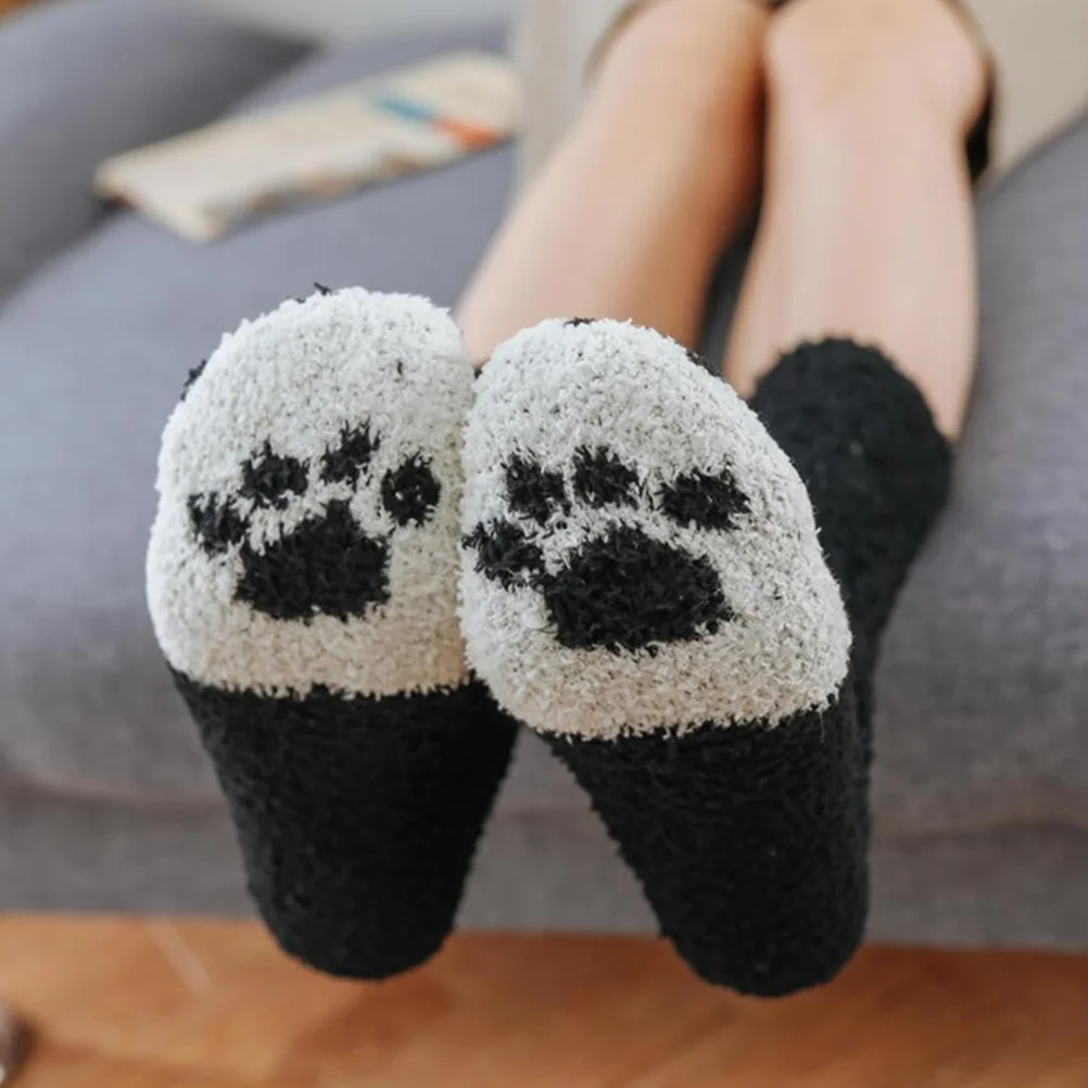 

6 Pairs Coral Fleece Floor Socks Slipper Women Fuzzy Bed Stockings Sleep Winter Cat Paw Pattern Fluffy Lovely