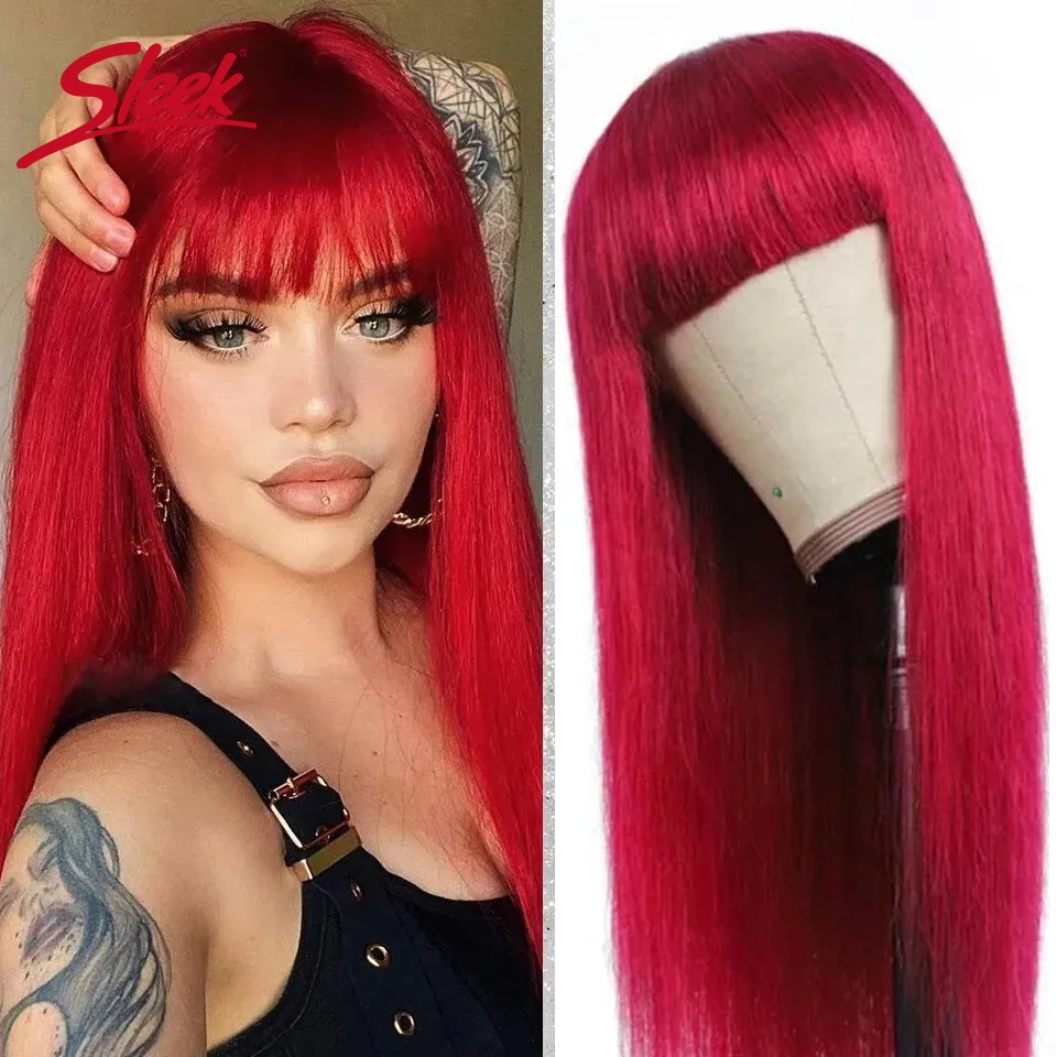 Perucas de cabelo humano elegantes com bang brasileiro reto vermelho borgonha perucas de cabelo humano cor marrom 4 #   Para mulheres negras sem perucas de renda