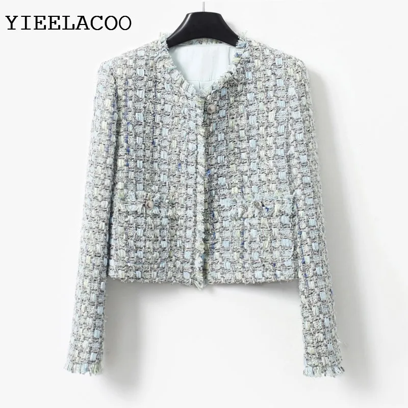 

Blue colored women's tweed jacket autumn/winter socialite three-dimensional floral yarn woven fragrant jacket tassel short top