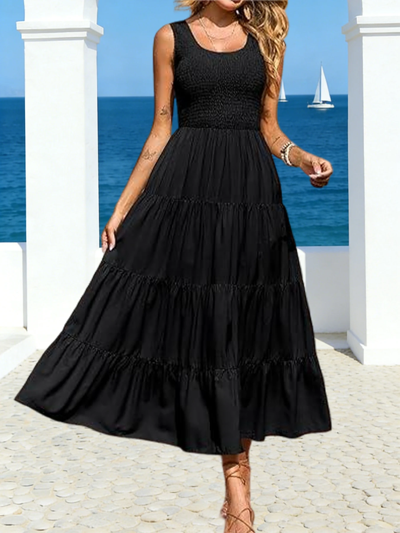 2026 Summer New European and American Women's Satin Halter Dress with Asymmetrical Hem and Pleated Skirt view 3