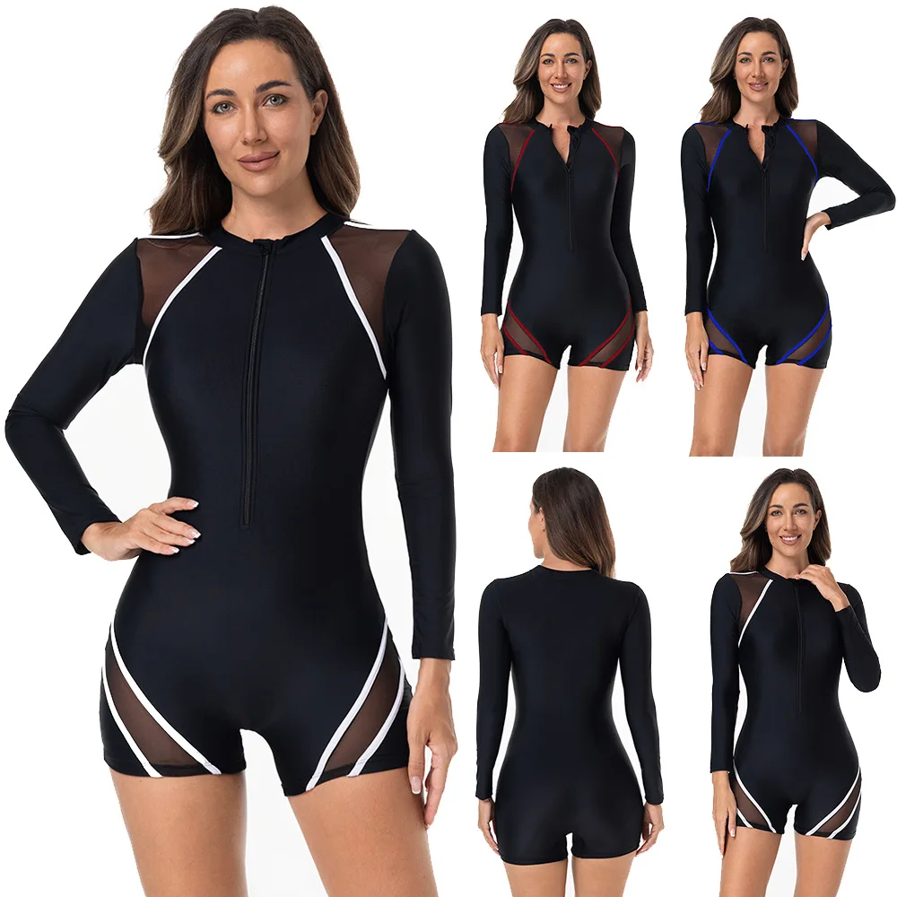 2025 One-piece Swimsuit Women's Long-sleeved Surf Suit Zipper Flat-angle Diving Suit Sports Perspective Swimwear Lace Splicing