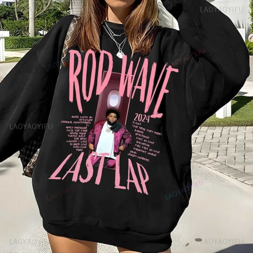 Rod Wave The Last Lap 2024 Rod Ware Design Roze patroon Sweatshirts voor heren en dames Zwarte hoodie voor heren Drop-shoulder mouw