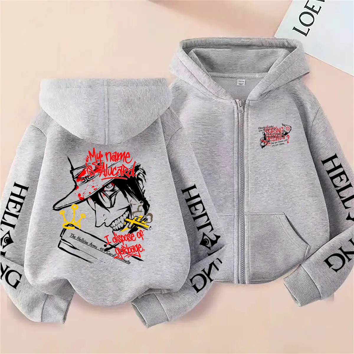 Anime Hellsing Vampir Alucard Grafik-Reißverschluss-Hoodie für Männer und Frauen, Manga Oversized Streetwear, Gothic Rock Zip-Up Jacke – Detail 7