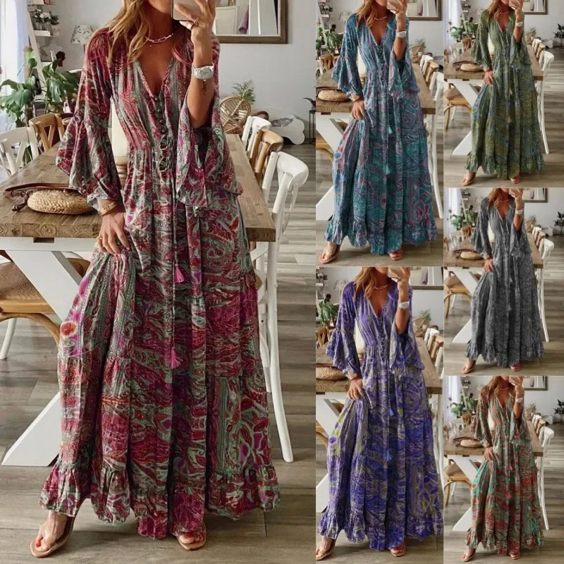 Women Summer Casual Floral Printed Sexy Long Sleeve Dresse Boho Hippie Chic Beachwear Cottagecore Dress  Maxi Dresses for Women