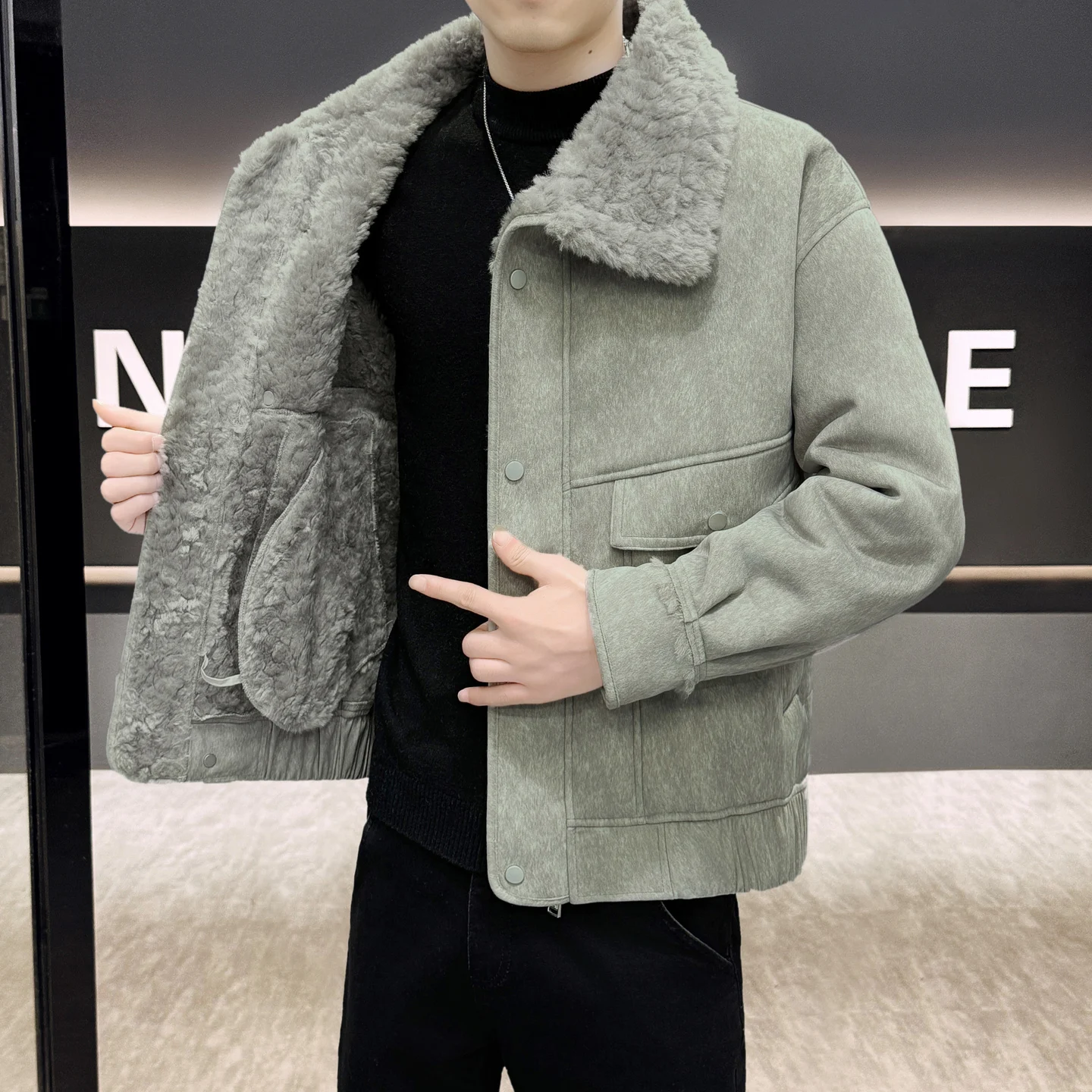 Men's Fashion Urban Style Thickened Lamb Fur Jacket Quilted Warmth Leather And Fur Integrated Autumn Winter New Arrival