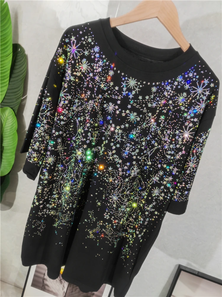 Chic Women Diamond Starry Sky T-shirts Short Sleeve Sky Stars Hot Drilling Tees  Front and Back elastic Beaded Jumpers Crop Tops