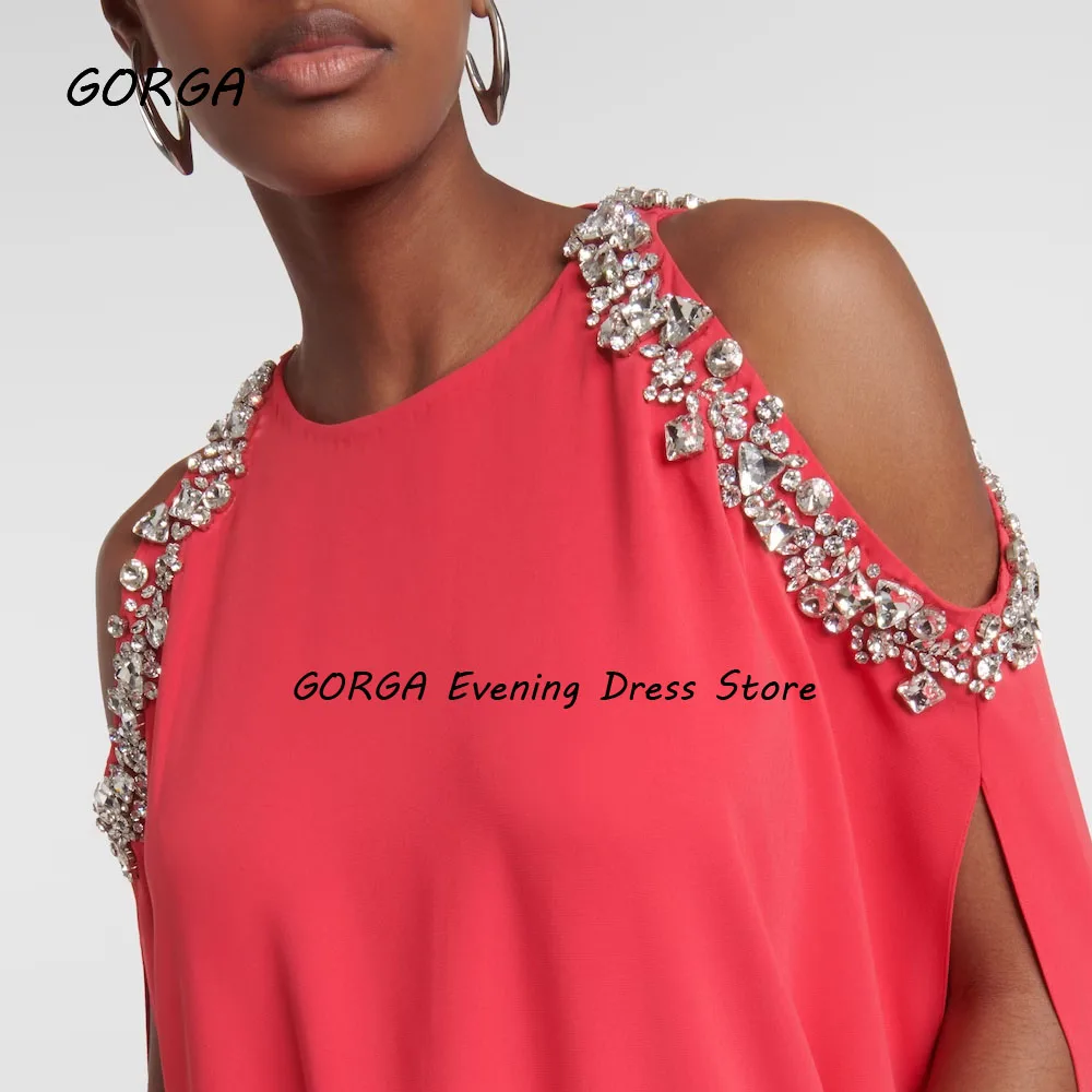 GORGA Simple Red Beading O-Neck A-LINE 2024 Slim Backless Crepe Ocassion Gown Floor-Length Evening Dressفستان سهرة نسائي