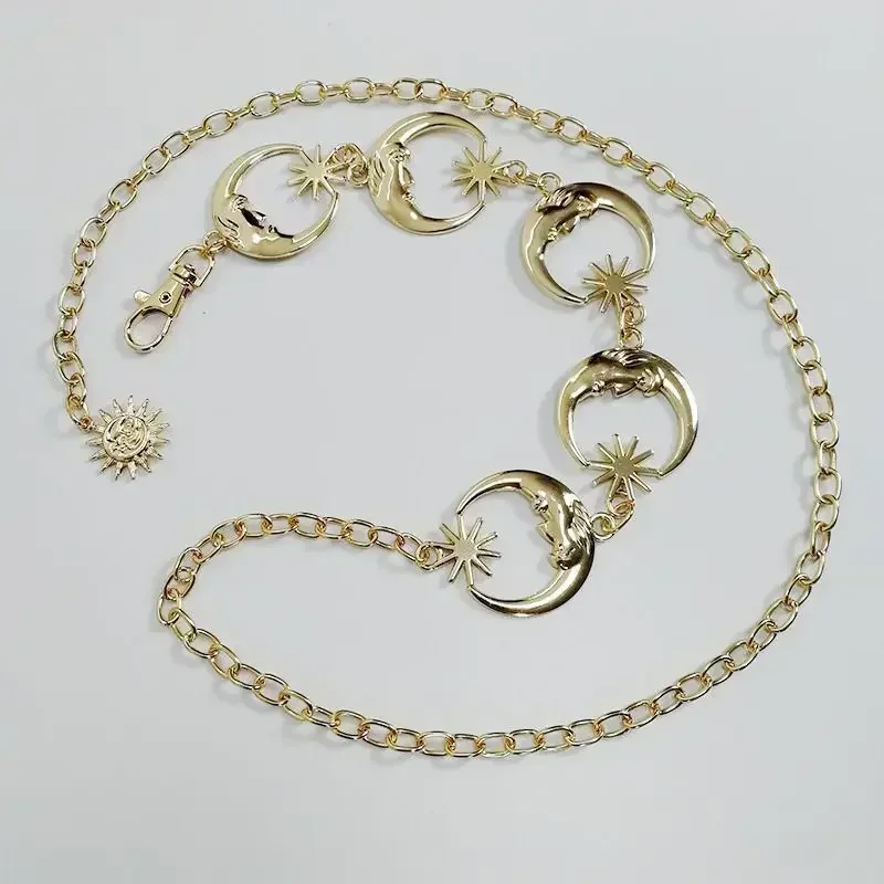 Womens Korean Fashion Belt Hip High Waist Gold Silver Narrow Metal Chain Gothic Moon Silver Pendant Vintage High Waist Chains