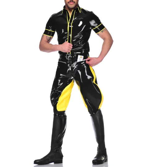 

Latex Rubber Gummmi Yellow black splicing men's suit role play party hand customized 0.4mm XS-XXL