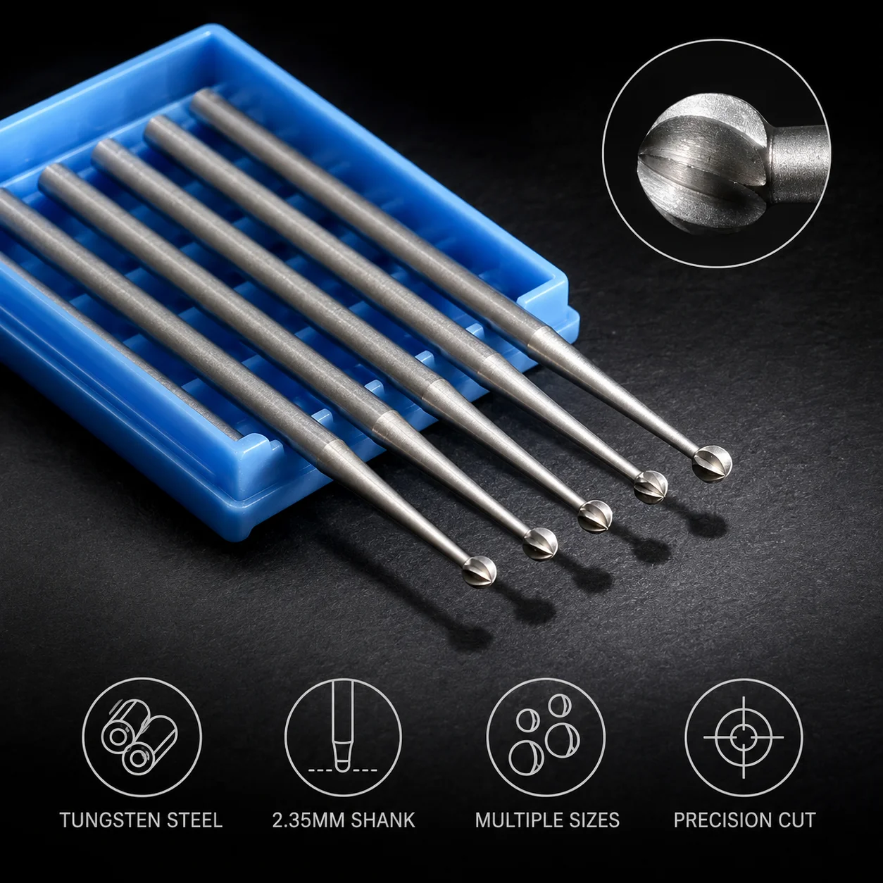 6pcs 0.5-2.3mm Ball Burs Tungsten Steel Engraving Carving Knife 2.35 Shank Olive Amber End Mill Router Bit Wood Milling Cutter