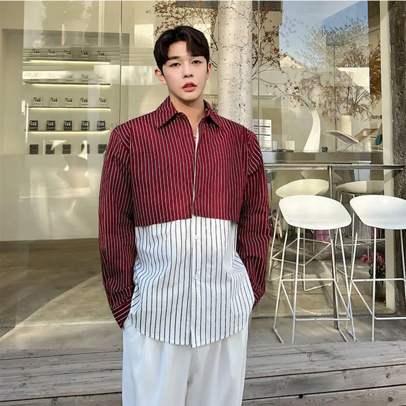 Net Celebrity Fashion Show Shirt Men Splice Stripe Loose Casual Vintage Long Sleeve Shirt Male Stage Clothing Korean Style Shirt