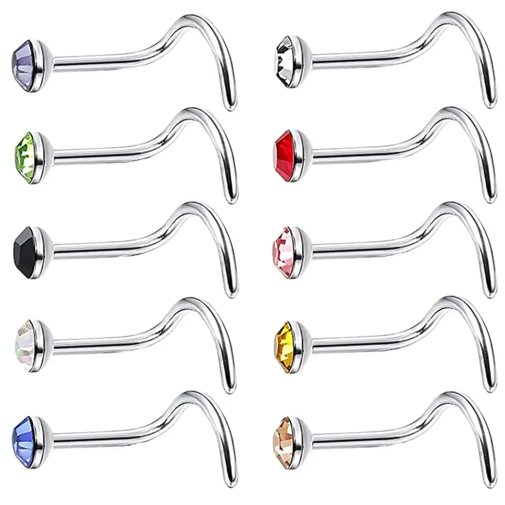 10pcs Premium Stainless Steel Crystal Bar Curved L Bend Nose Stud 20G