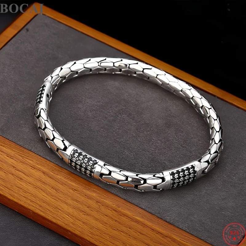 BOCAI New S925 Sterling Silver Charms Bangles for Men Antique Snake Pattern Micro Zircon Bracelets  Punk Fine Choice Jewelry