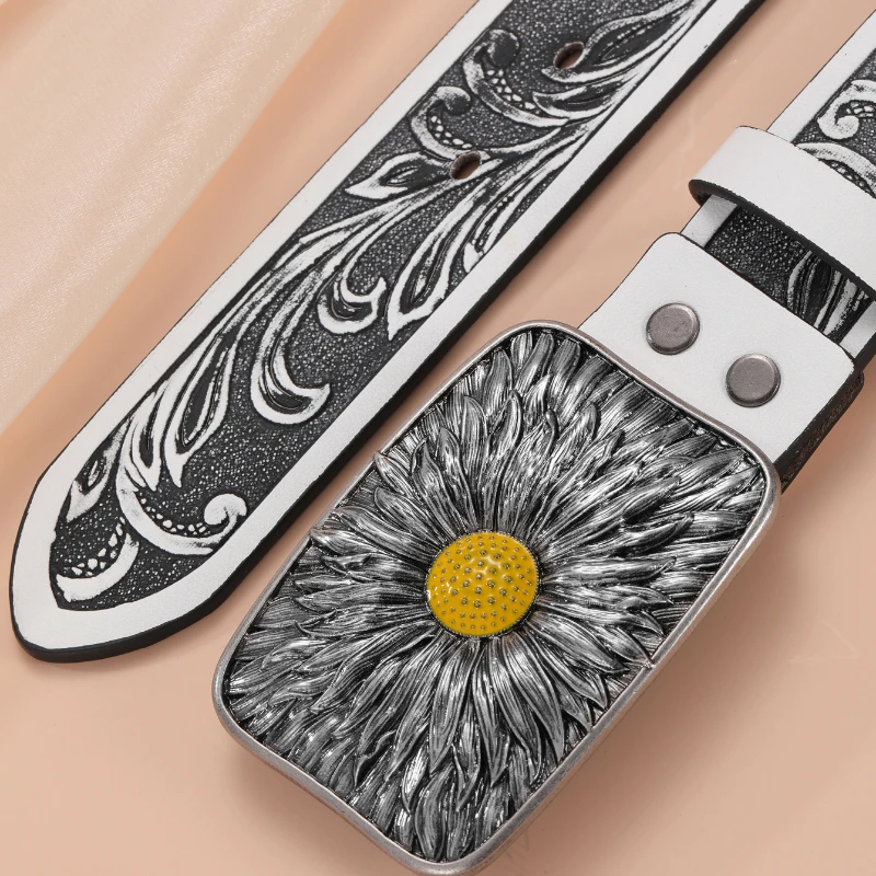 Dames Mode Riem Verzilverde Zonnebloem Ingelegde Strass Riem Denim Reliëf Vintage Riem Designer Riem Luxe