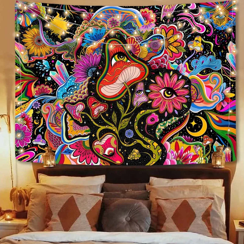 VIKAMA Psychedelic Mushroom Tapestry Colorful Trippy Face Eyes Flowers Crystals Black Background Wall Hanging Wall Art Decor