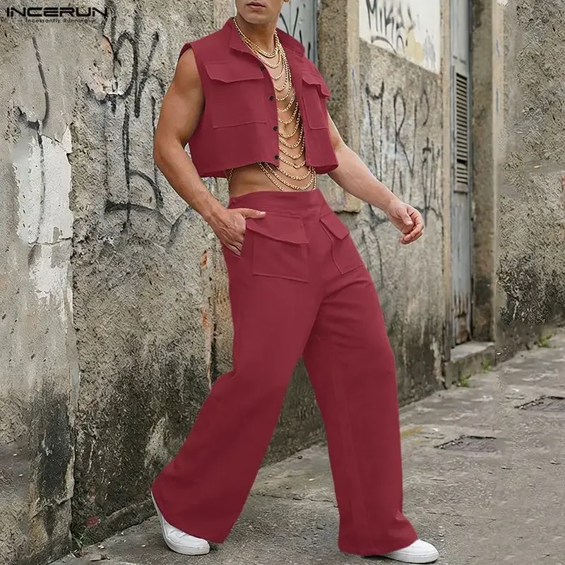 INCERUN Men Sets Solid Sleeveless Crop Tops Shirt Pants 2 Piece Sets Streetwear Loose 2026 Fashion Men's Matching Sets Tracksuit