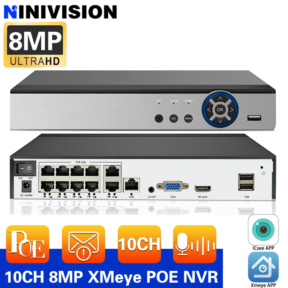 

Face Detection H.265 10ch*4K 4ch/8ch PoE Network Video Recorder Surveillance PoE NVR 4/8/10Channel For HD 8MP 5MP 2MP IP Camera