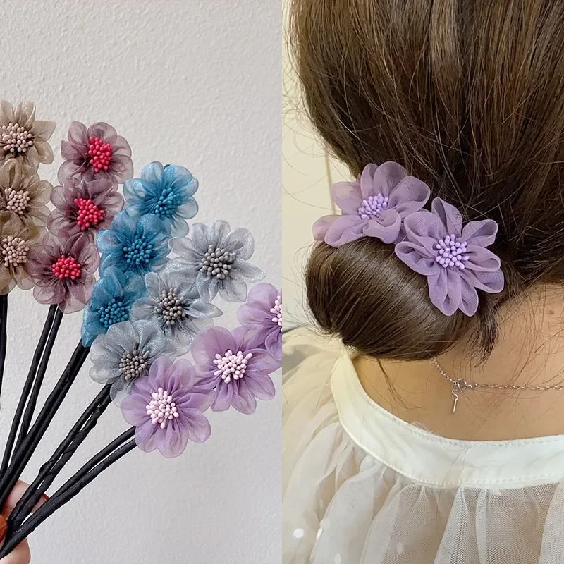 Heallor 1pc Purple Elegant Bud Chiffon Flower Bun Makers Women Making Long Sweet Hair Braide Rope Hairbands Hairstyle Korean Acc