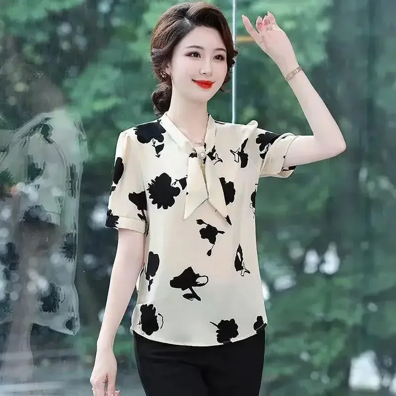 Bow Knot Splicing Intellectual Lightly Cooked Comfortable Generous Capable Skin Friendly Printing Summer Women's Shirts 2024