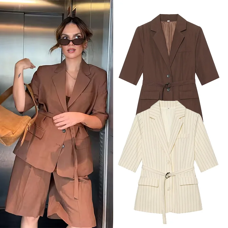 Women's Blazer with Belt New 2026 Spring Casual Suit Neck Short Sleeve Women Solid Suit Office Lady Female Simple Chic Coats