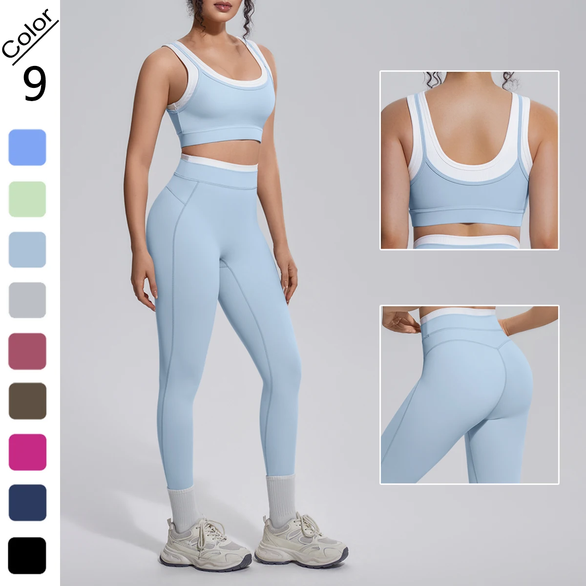 Rooftrellen 2-teiliges Yoga-Set für Damen, sexy Sport-BH, Yoga-Top mit Brustpolster, Farbblock-Design, Yoga-Hose mit Po-Formung, Damen-Fitness-Set