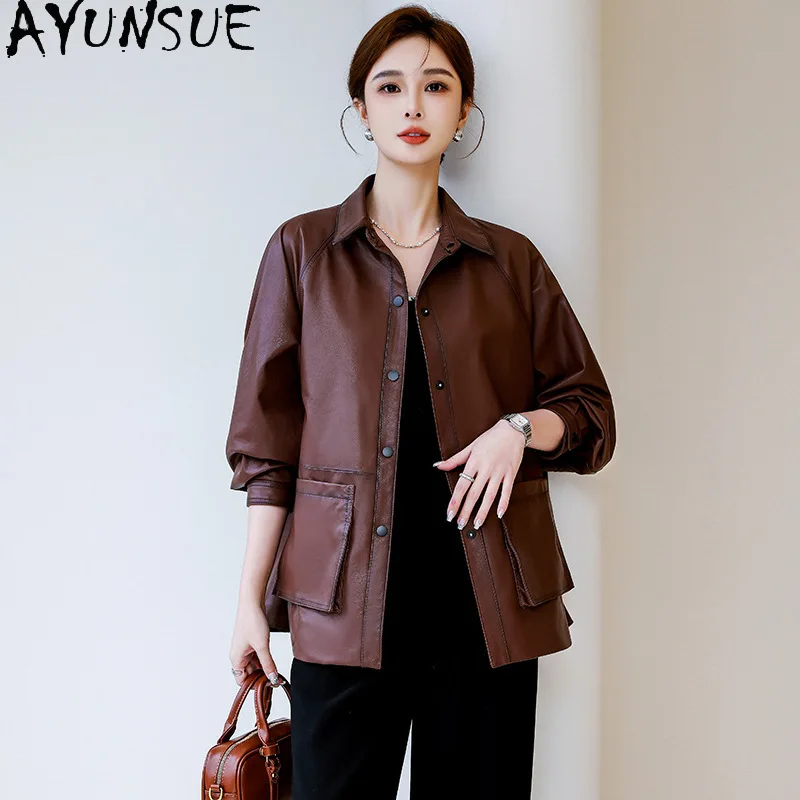 AYUNSUE Real Leather Jacket Woman Autumn Clothes Top Layer Sheepskin Coat for Women Fashion Loose Fit New Style Jaqueta De Couro