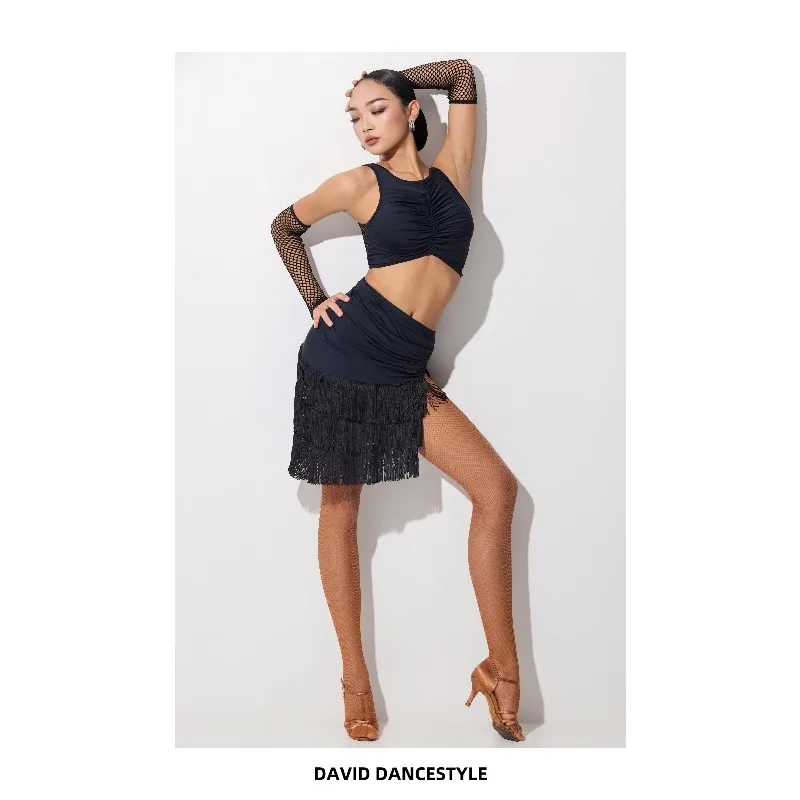 Customized DAVID Women's Adult Latin Dance Dress Professional Training Uniform Set with Puff Skirt and Fringe Skirt