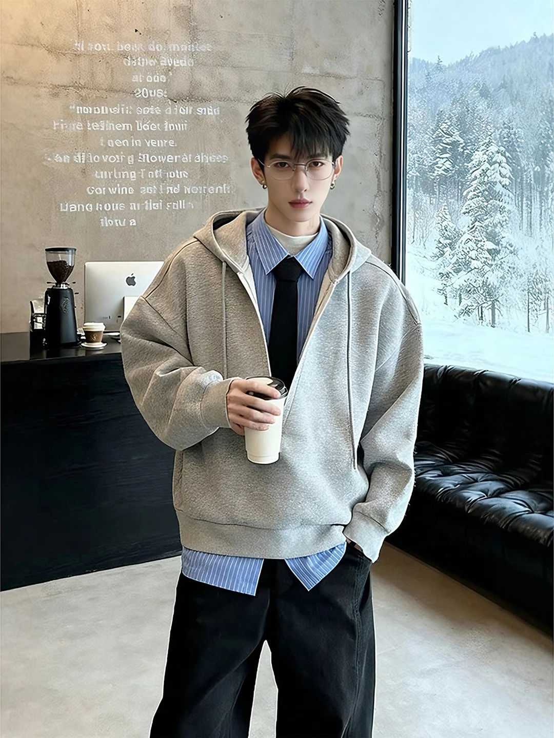 

ay Hoodie Sweatirt f Open Collar Men's Spring Autumn College Sle Heavyweight Hooded Cleanfit irt Casual Loose Fit