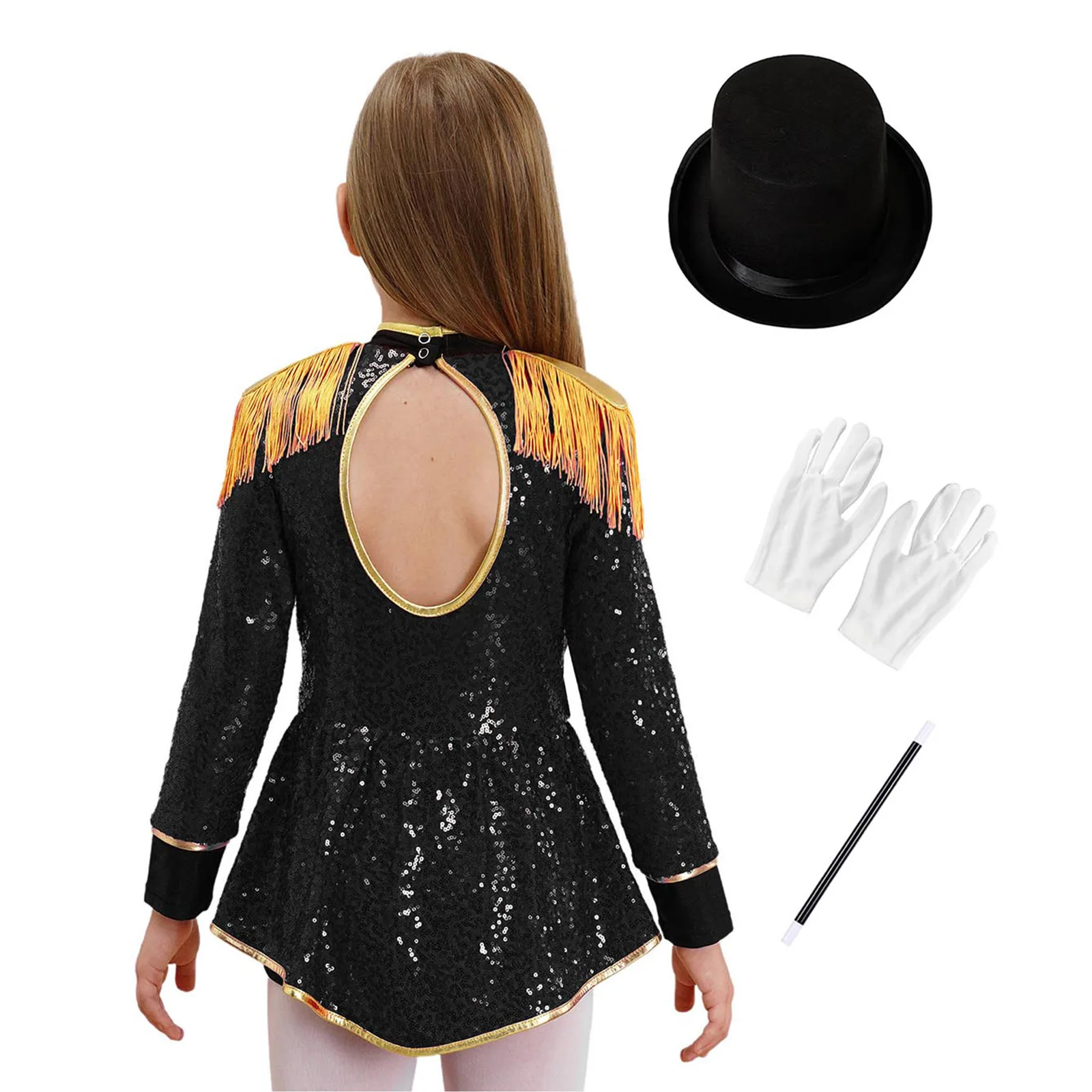 4Pcs Kids Girls Ringmaster Circus Magician Drummer Cosplay Costume Sequins Bodysuit+Hat Gloves Wand Set Halloween Circus Costume