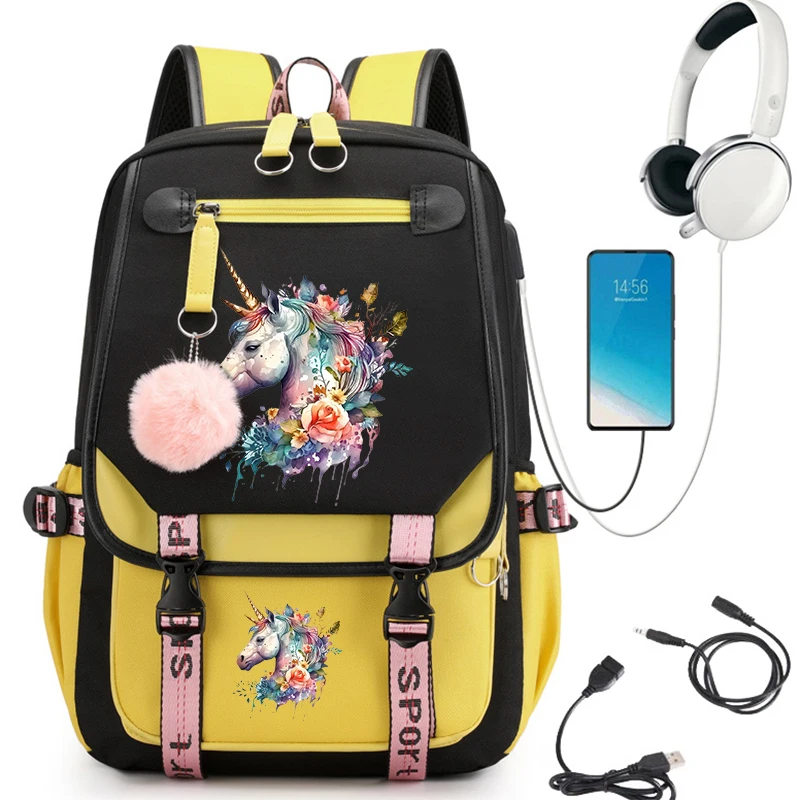 Grande capacidade cavalo Anime Schoolbag para meninas, mochila estudantil, sacos de desenhos animados, USB Bookbag, estudante do ensino médio