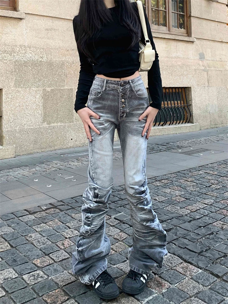 Women's Low Rise Flare Jeans Goblin Core Stacked Jeans Grunge Denim Pants Y2k Abi Skinny Jeans Harajuku Japanese Bell Bottom New