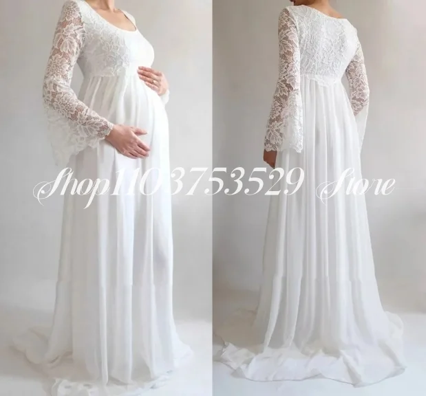 Beautiful Lace Maternity Wedding Dress Flared Sleeve Round Neck Maternity Bridal Gown Customised Long فساتين سهرة