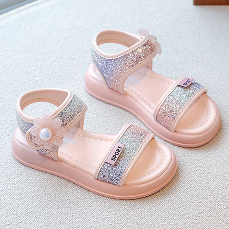 

Rhinestone Sequins Summer Sandals For Girls PU Leather Waterproof Beach Shoes Korean Style Teenager Girl's Sandals For Summer