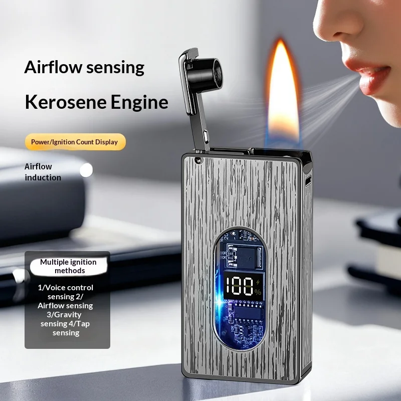 Voice Controlled Ignition Windproof Kerosine Lighter Colorful Atmosphere Light Digital Battery Display Type-C Electric Lighters