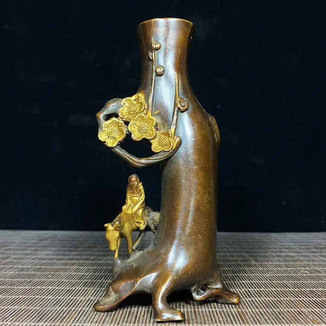 

6" old China antique Fine carving Pure copper Gilding tree Incense burner