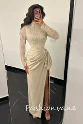 Fashionvane 2024 Customized Dubai Saudi Arabia Women Sheath High Neck Sequins Prom Dress Evening Dress Long Sleeves Side Slit