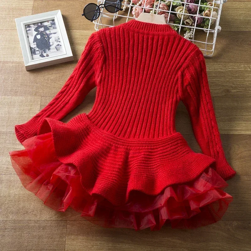 Autunno Inverno Nuove ragazze Abito da principessa Volant Manica lunga Maglione lavorato a maglia Abito in rete Bambini Abiti rossi per feste di