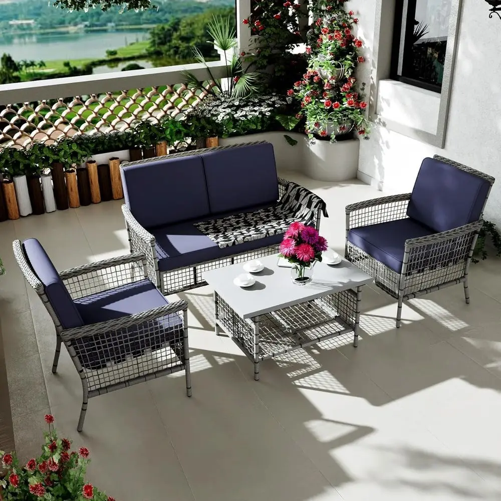 

Всепогодный комплект плетеной мебели для патио: стулья из ротанга из 4 предметов, двухместный диван, приставной столик с подушками темно-синего цвета