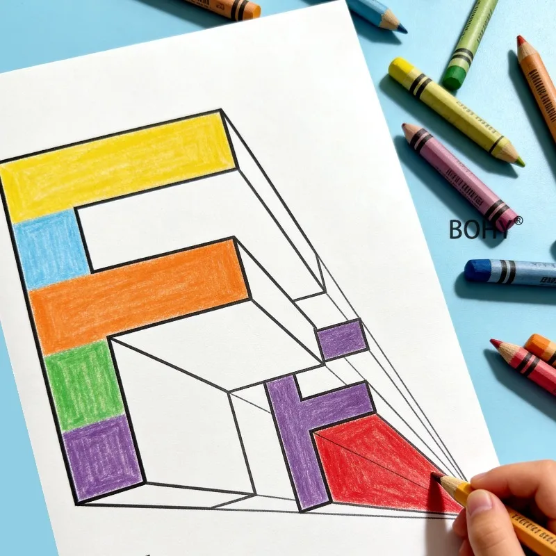 1 Loose Leaf 3D Space Drawing and Coloring Brochure, Include 16 Pages of Interesting Themed, Beginners in Perspective Learning