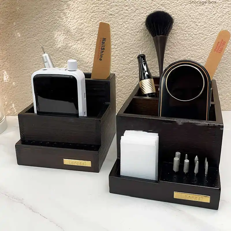 Wooden Black Nail Drill Machine Organizer Grinder Storage Box Nail Polisher Display Empty High Capacity Rack Manicure Holder
