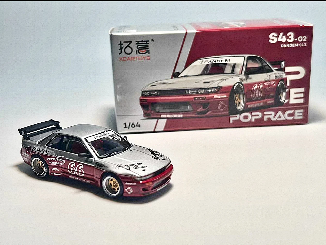 In-stock POPRACE 1/64 Nissan Silvia Pandem Rocket Bunny S13 Red-Silver Alloy Car Model S43-02