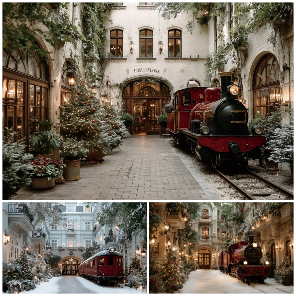 Vintage Photography Lighting - クリスマスデコレーションヴィンテージトレイン中庭背景ツリーライト装飾お祝い写真スタジオ背景装飾用