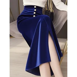 New Elegant Office Lady Velvet Skirt Women Fashion Split High Waist Buttons Slim Wrapped Hip Party Skirts Spring Autumn Clothing