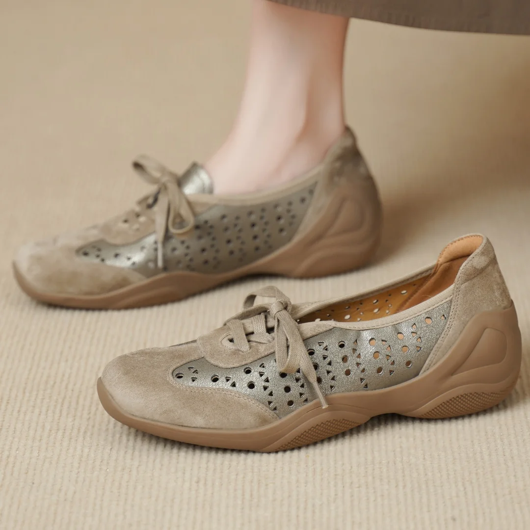 

danxuefei women's genuine leather mix color patchwork square toe lace-up flats sneakers hollow-out summer breathable casual shoe