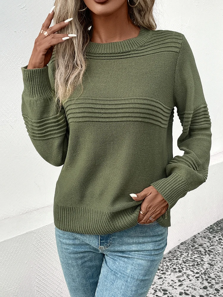 JIM & NORA Casual Round Neck Pleated Sweater Design Women\'s Solid Color Autumn American Vintage Top Fashion Elegant Pullover