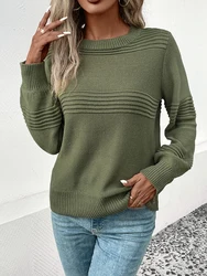 JIM & NORA Casual Round Neck Pleated Sweater Design Women's Solid Color Autumn American Vintage Top Fashion Elegant Pullover