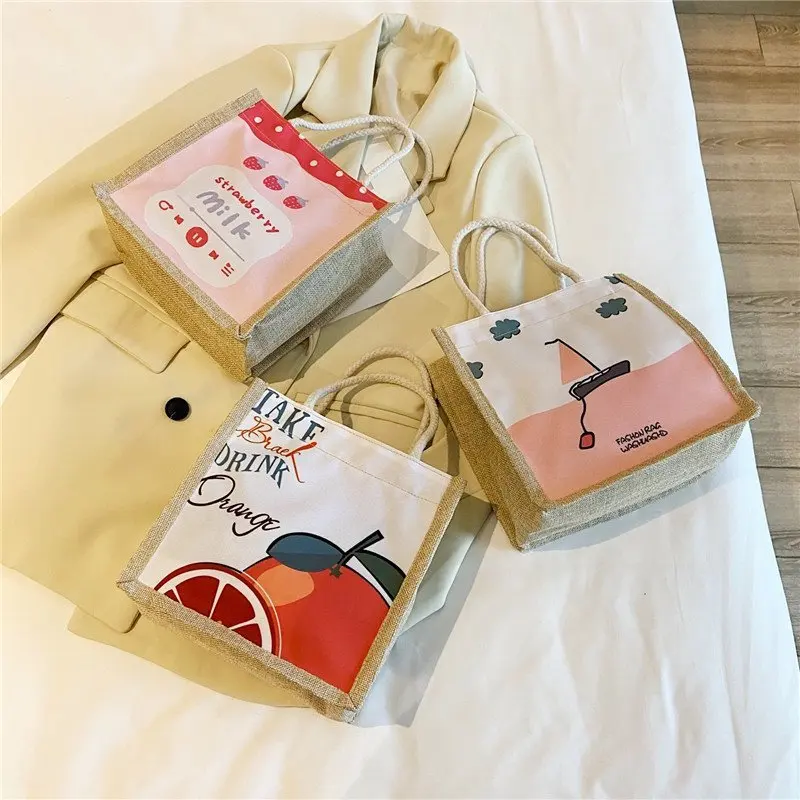 Japanese Style Handbag for Xmas Casual Linen Canvas Gift Bag Fashion Flower Print Shopping Bag Women Girl Handbag Portable