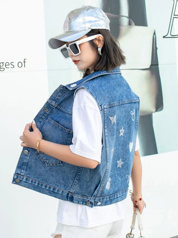 Loose Women's Denim Vest Spring Autumn New Style Student Shoulder Pad Outerwear Jacket Diamond Embellished  Collar